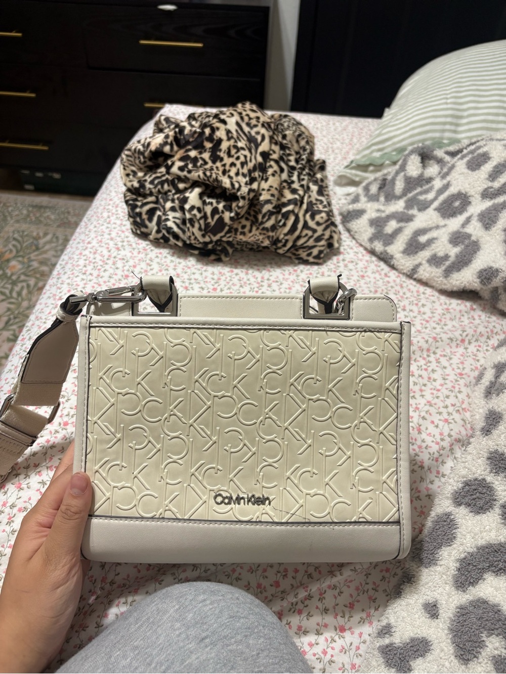 Calvin Klein Cream Embossed Logo Satchel